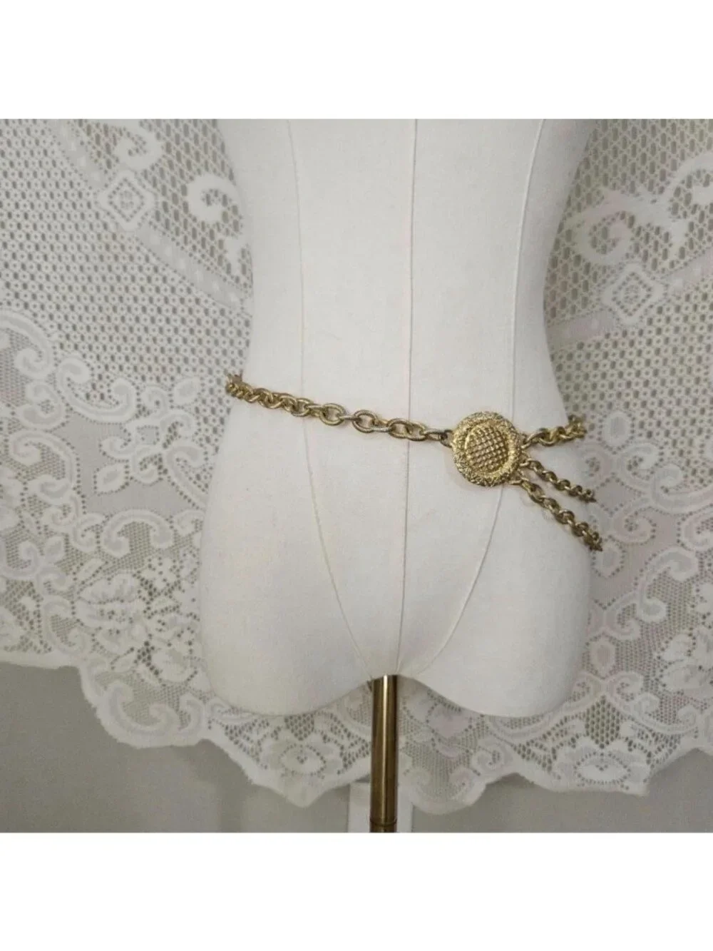 Vintage Gold Tone Chain Belt Ornate Medallion Draped Multi Strand Adjustable